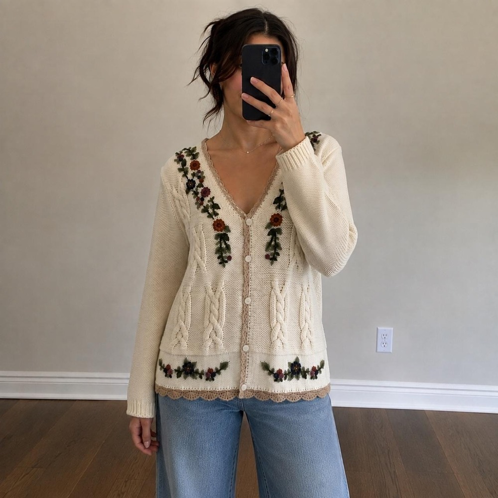 Vintage Cream Cable Knit Cardigan Floral Embroidery Women L Cottagecore Folk